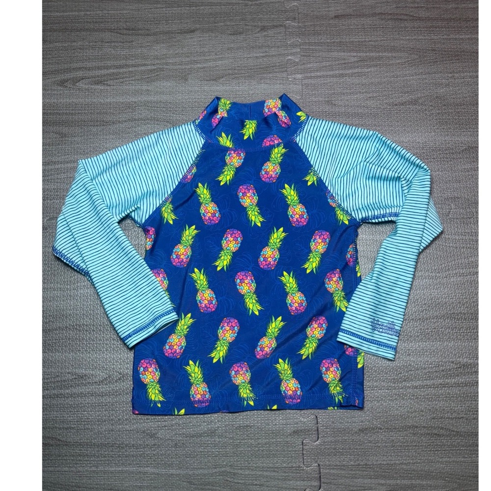 UVSkinz Kids Blue Rainbow Pineapple Striped Rash Guard UPF 50+ Swim Shirt Size 7